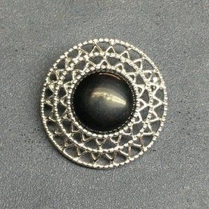 Mandala Pin Brooch Black Silver Circle Round Domed Retro BoHo